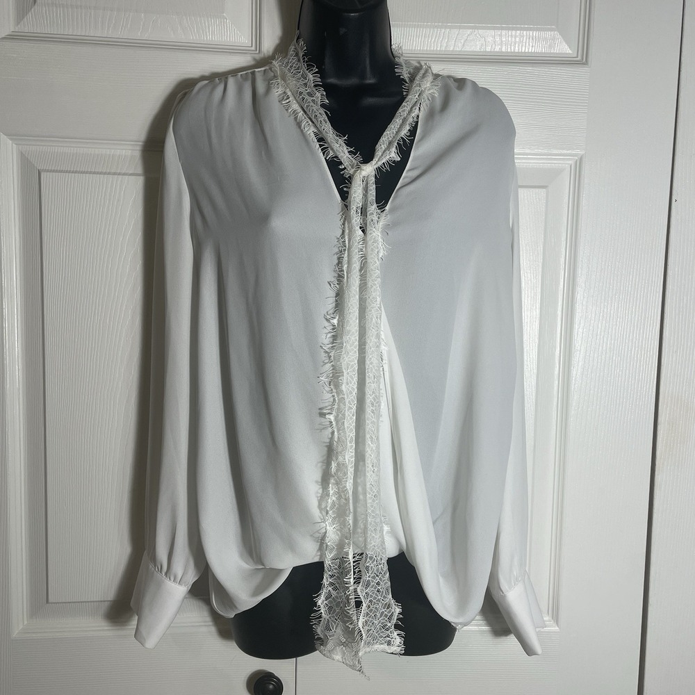 WAYF Long Sleeve Blouse Womens S Off White Flowy Lace Ascot Tie Whimsical Shirt